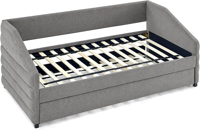 Twin Size Linen Upholstered Daybed with Trundle, Solid Wooden Bedframe w/Pull Out Bed and Tufted Decorate, No Box Spring Needed, for Kids, Bedroom, Dorm, Grey-1 - LeafyLoom