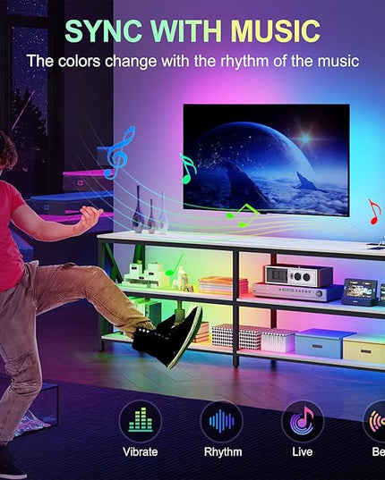 Lvifur LED TV Stand for 65 70 75 inch TV, Auto Sensor Entertainment Center with RGB Dimmable Lights, TV Console Table with Open Storage Shelves and Metal Frame (White) - LeafyLoom