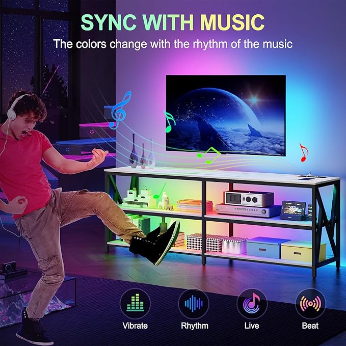 Lvifur LED TV Stand for 65 70 75 inch TV, Auto Sensor Entertainment Center with RGB Dimmable Lights, TV Console Table with Open Storage Shelves and Metal Frame (White) - LeafyLoom