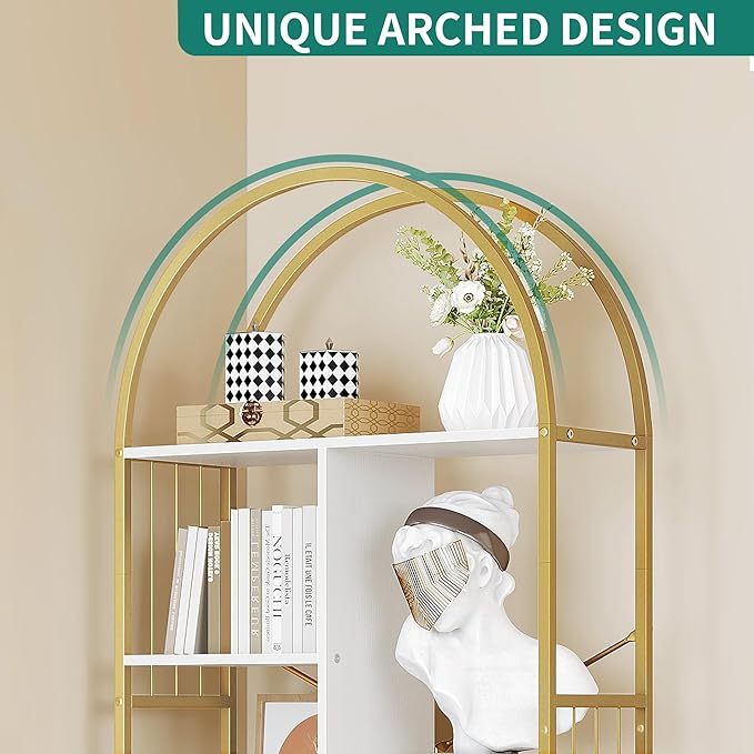 YITAHOME Gold Arched Bookshelf and Bookcase, 5 Tier Standing Book Shelf, Storage Display Rack Shelves for Bedroom Living Room Office,White&Gold - LeafyLoom