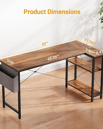 BANTI L Shaped Small Computer Desk with Storage Shelves, 55" Home Office Small Corner Desk Study Writing Table, Deep Brown - LeafyLoom
