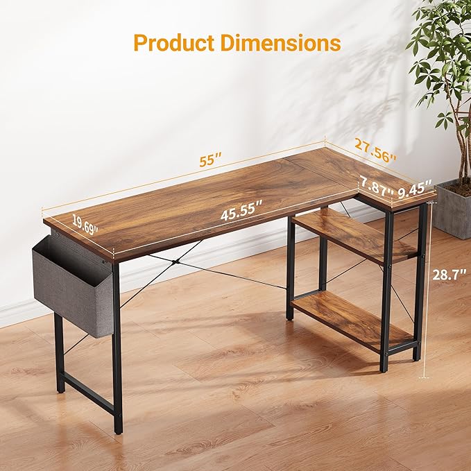 BANTI L Shaped Small Computer Desk with Storage Shelves, 55" Home Office Small Corner Desk Study Writing Table, Deep Brown - LeafyLoom