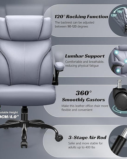 Office Chair, Ergonomic Big and Tall Computer Desk Chairs, Executive Breathable Leather Chair with Adjustable High Back Flip-up Armrests, Lumbar Support Swivel PC Chair with Rocking Function - LeafyLoom