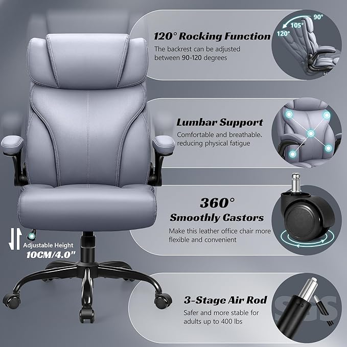 Office Chair, Ergonomic Big and Tall Computer Desk Chairs, Executive Breathable Leather Chair with Adjustable High Back Flip-up Armrests, Lumbar Support Swivel PC Chair with Rocking Function - LeafyLoom