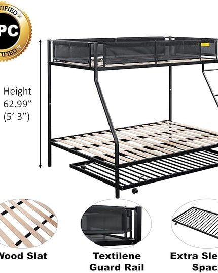 Twin over Full Metal Bunk Bed with Trundle,Sturdy-Metal Bed-Frame,Noise-Free Wood Slats,Comfortable Textilene Guardrail,Space-saving Trundle,Bunk-Bed for Three,No Box Spring Needed,Black - LeafyLoom