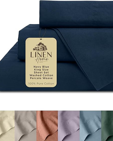 Linen Home Washed Cotton Percale King Sheet Set, Navy Blue, Deep Pocket, 4 Pieces Bed Sheets - 1 Flat Sheet, 1 Fitted Sheet & 2 Envelope Closure Pillowcases, Cool and Comfortable Bed Linen - LeafyLoom