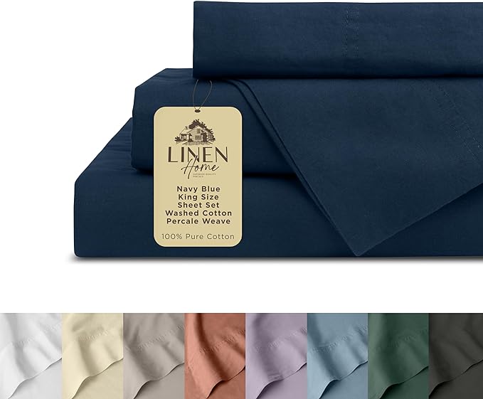 Linen Home Washed Cotton Percale King Sheet Set, Navy Blue, Deep Pocket, 4 Pieces Bed Sheets - 1 Flat Sheet, 1 Fitted Sheet & 2 Envelope Closure Pillowcases, Cool and Comfortable Bed Linen - LeafyLoom