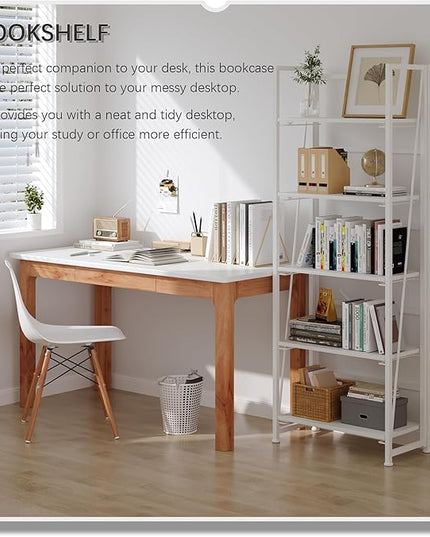 4NM No-Assembly Folding Bookshelf Storage Shelves 5 Tiers with 2 Drawers Vintage Bookcase Standing Racks Study Organizer Home Office (All White) - LeafyLoom