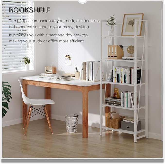 4NM No-Assembly Folding Bookshelf Storage Shelves 5 Tiers with 2 Drawers Vintage Bookcase Standing Racks Study Organizer Home Office (All White) - LeafyLoom