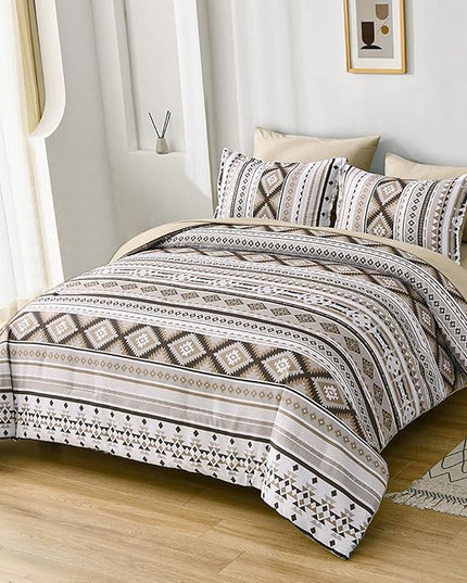 Dinjoy Khaki Aztec Comforter Set Queen Size,7 Pieces Bed in a Bag Queen Beige Boho Bedding Sets with Sheets Bohemian Geometric Striped Complete Set for All Seasons 90"x90" - LeafyLoom