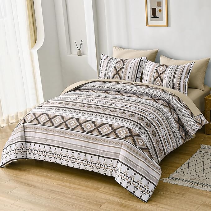 Dinjoy Khaki Aztec Comforter Set Queen Size,7 Pieces Bed in a Bag Queen Beige Boho Bedding Sets with Sheets Bohemian Geometric Striped Complete Set for All Seasons 90"x90" - LeafyLoom