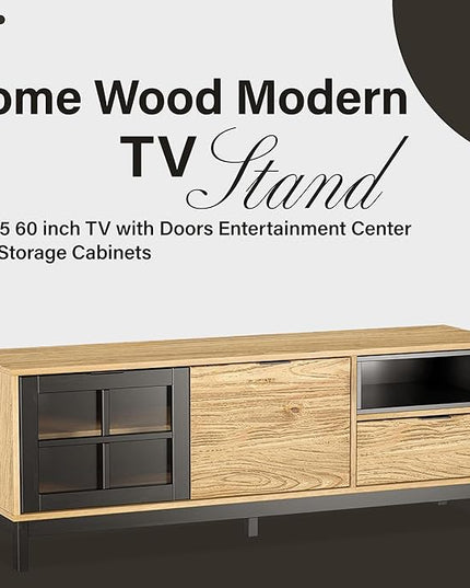 Home Wood Modern TV Stand for 55 60-inch TV with Doors - Entertainment Center with Storage Cabinets - TV Console, Media Console for Living Room -Light Wood and Black Console for Living Room or Bedroom - LeafyLoom