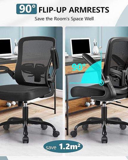 MINLOVE Office Chair Ergonomic Desk Chair with Adjustable Lumbar Support and Height, 90° Flip-up Armrests, Ergo Desk Chairs with Wheels, 360° Swivel Mesh Chair, Home Work Use (Black) - LeafyLoom