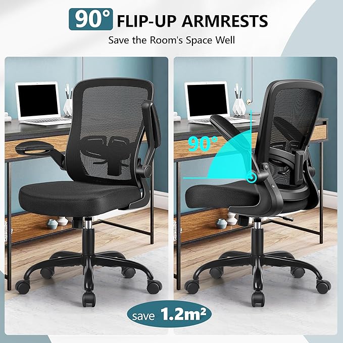 MINLOVE Office Chair Ergonomic Desk Chair with Adjustable Lumbar Support and Height, 90° Flip-up Armrests, Ergo Desk Chairs with Wheels, 360° Swivel Mesh Chair, Home Work Use (Black) - LeafyLoom