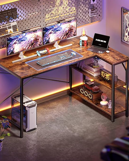 L Shaped Computer Desk with Reversible Storage Shelves, Gaming Corner Desk for Home Office, Writing Study Desk with Metal Frame, Rustic Brown - LeafyLoom