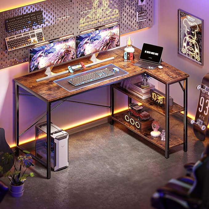 L Shaped Computer Desk with Reversible Storage Shelves, Gaming Corner Desk for Home Office, Writing Study Desk with Metal Frame, Rustic Brown - LeafyLoom