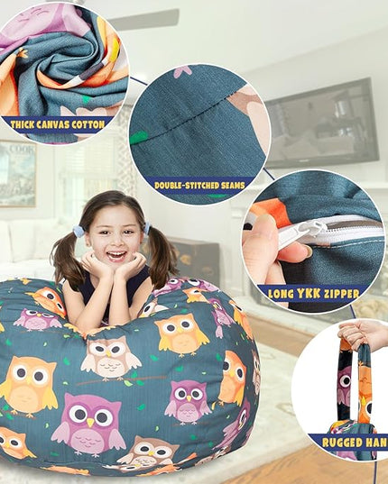 Stuffed Animal Storage Bean Bag Chair Cover, Hold Kids Plush Toys Blankets Towels Beanbag (Cover Only), Canvas Floor Circle Stuff Sit Seat Sofa with YKK Zipper, Large 32", Owl - LeafyLoom