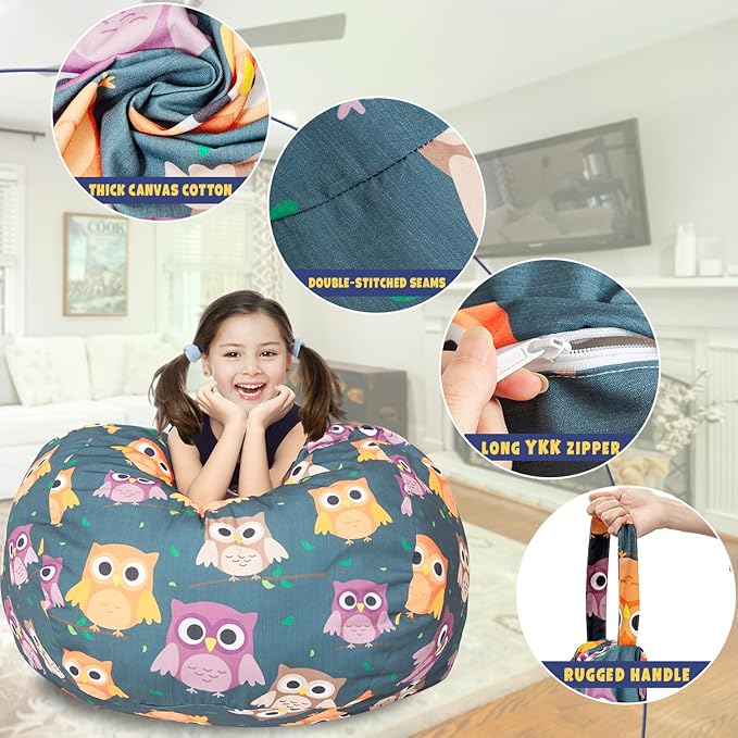 Stuffed Animal Storage Bean Bag Chair Cover, Hold Kids Plush Toys Blankets Towels Beanbag (Cover Only), Canvas Floor Circle Stuff Sit Seat Sofa with YKK Zipper, Large 32", Owl - LeafyLoom
