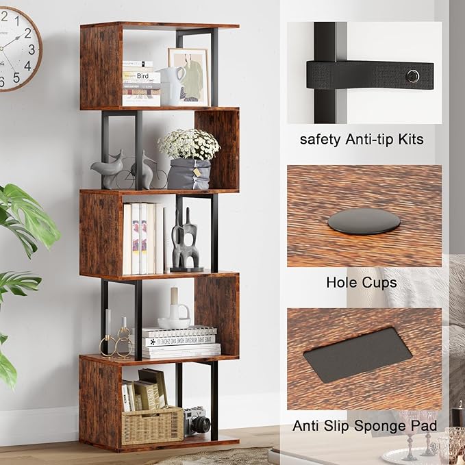 Furologee 6-Tier Bookshelf, Tall S-Shaped Geometric Bookcase, Industrial Freestanding Display Shelf Unit, Wood and Metal Decorative Room Divider for Living Room Bedroom, Home Office, Rustic Brown - LeafyLoom