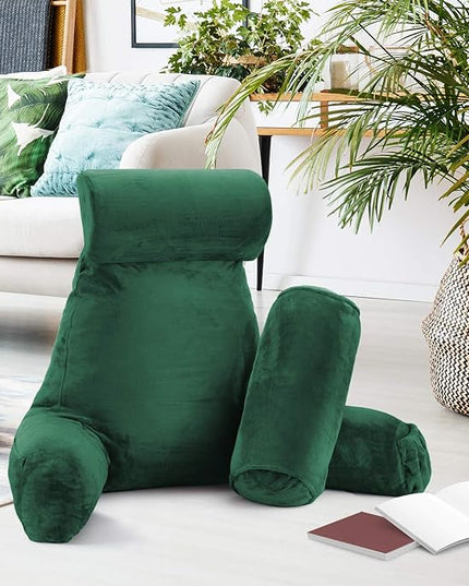 Clara Clark Reading Pillow, Large Back Pillow for Sitting Up in Bed, Memory Foam Back Support Pillow, Reading Pillows for Sitting in Bed Adult, Dark Green Sit Up Pillow for Bed with Arms and Pockets - LeafyLoom