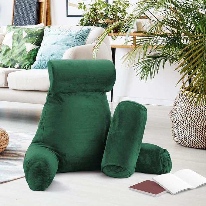 Clara Clark Reading Pillow, Large Back Pillow for Sitting Up in Bed, Memory Foam Back Support Pillow, Reading Pillows for Sitting in Bed Adult, Dark Green Sit Up Pillow for Bed with Arms and Pockets - LeafyLoom