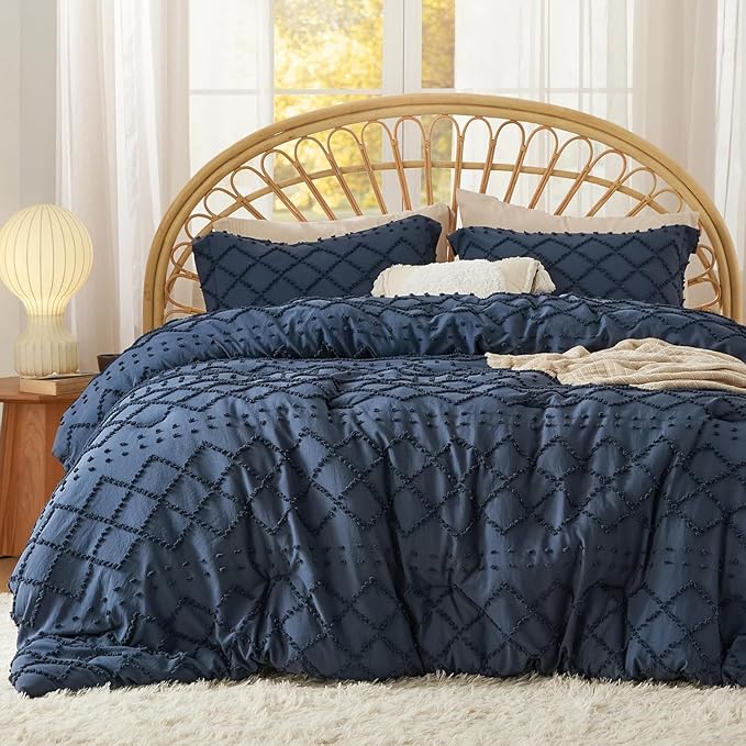 Bedsure Twin/Twin XL Comforter Set - Navy Boho Twin Extra Long Comforter Set for College, Shabby Chic Dorm Bedding Set, 2 Pieces Modern Farmhouse Bed Set, includes 1 Pillow Sham - LeafyLoom