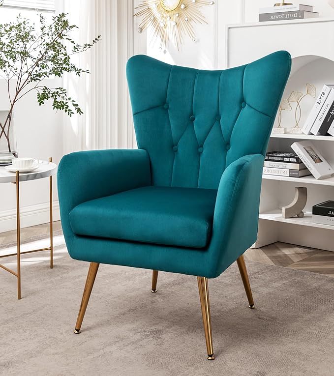 US Pride Furniture Modern Accent Chair with Ergonomic High Wingback, Microfiber Upholstered Armchair with Metal Legs for Living Room, Bedroom, Office or Vanity, Dark Teal - LeafyLoom