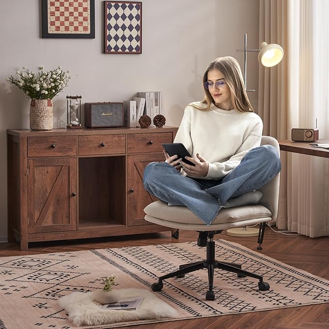 Criss Cross Chair Armless Office Chair Desk Chair with Wheels Pu Leather Cross Legged Office Chair, Wide Desk Chairs Computer Chair Swivel Vanity Chair with Lumbar Cushion for Home & Office - LeafyLoom