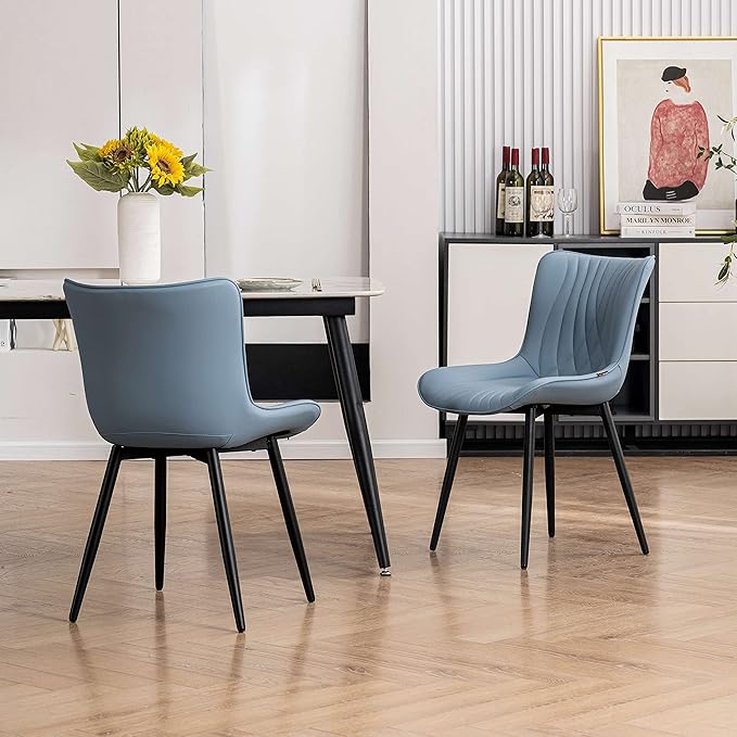 YOUTASTE Dining Chairs Set of 2 Upholstered Mid Century Modern Kitchen Dining Room Chairs Armless Faux Leather Accent Chairs Metal Vanity Lounge Chair with Back for Living Room Bedrooms,Blue - LeafyLoom