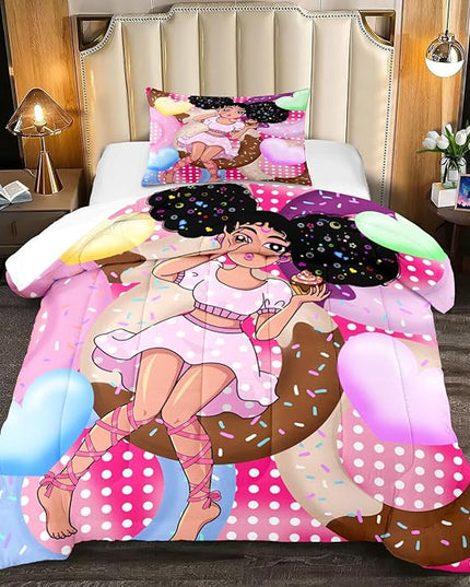 African American Girls Comforter Set Twin - Black Girl Comforter Set - Kids Comforter Sets for Girls Bedroom Decor Pink Donut Girl Pattern Prints 2 Piece Quilt Set with 1 Pillowcase - LeafyLoom