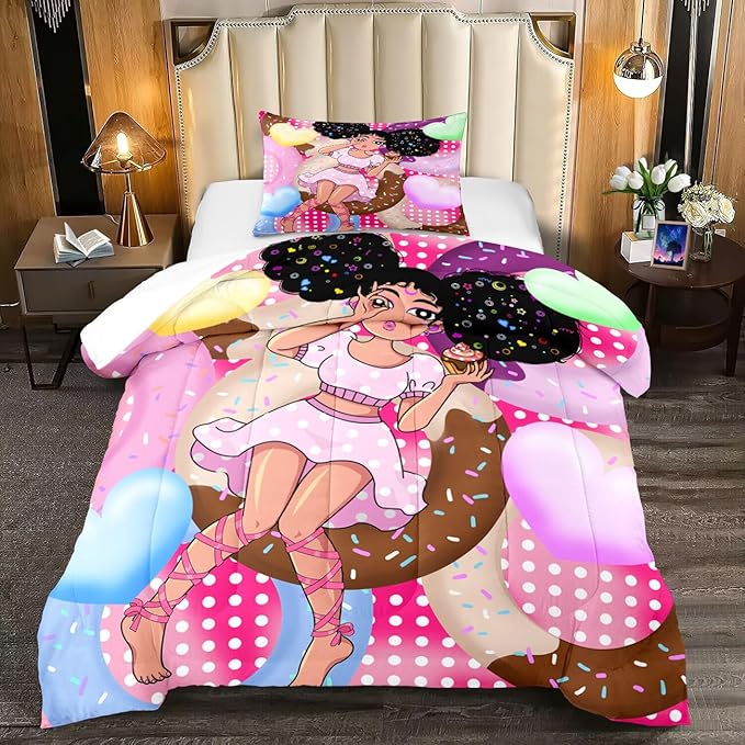 African American Girls Comforter Set Twin - Black Girl Comforter Set - Kids Comforter Sets for Girls Bedroom Decor Pink Donut Girl Pattern Prints 2 Piece Quilt Set with 1 Pillowcase - LeafyLoom
