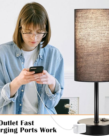 ZJOJO Desk Lamps Set of 2 Table Lamp, Bedside Lamps with 3-Color Modes, AC Outlet, Linen Round Lampshade Nightstand Lamp for Livingroom Nightstand Office Reading Working - LeafyLoom