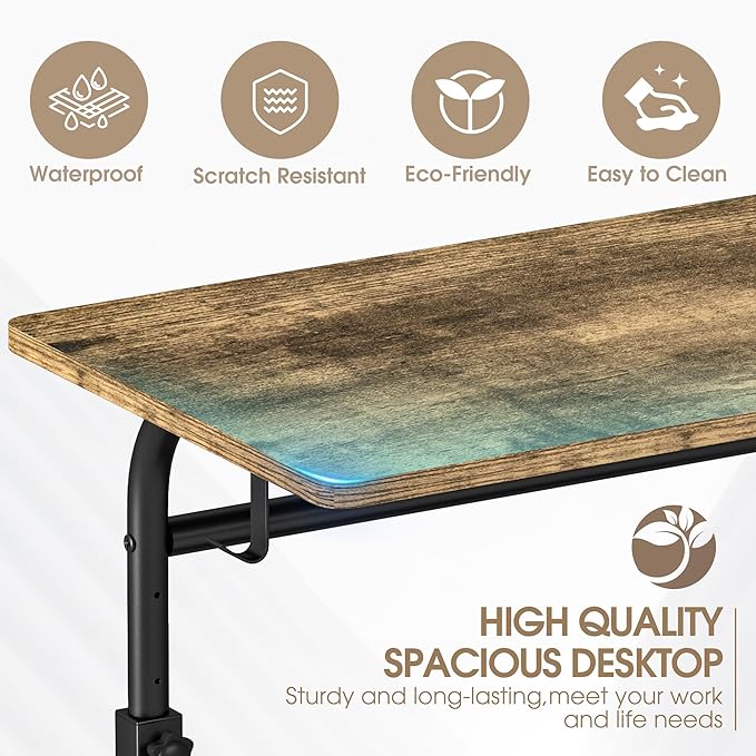 Portable Desk with Storage Shelves, Height Adjustable Desk with Wheels, Small Rolling Desk with Hooks, Standing Desk on Wheels for Home Office, Mobile Computer Table for Small Space - LeafyLoom