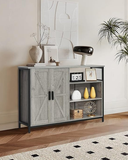 WEENFON Floor Storage Cabinet, Buffet Storage Cabinet with 2 Barn Doors, Industrial Sideboard with Adjustable Shelves, Buffet Table for Dining Room, Living Room, Kitchen, Grey - LeafyLoom