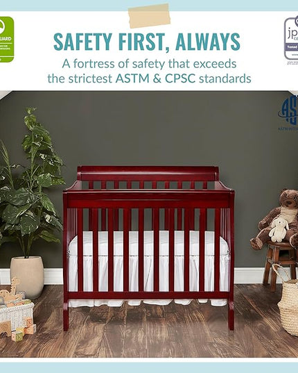 Aden 4-in-1 Convertible Mini Crib in Cherry, Greenguard Gold Certified & Sunset 3” Extra Firm Fiber Crib Mattress, Greenguard Gold Certified - LeafyLoom