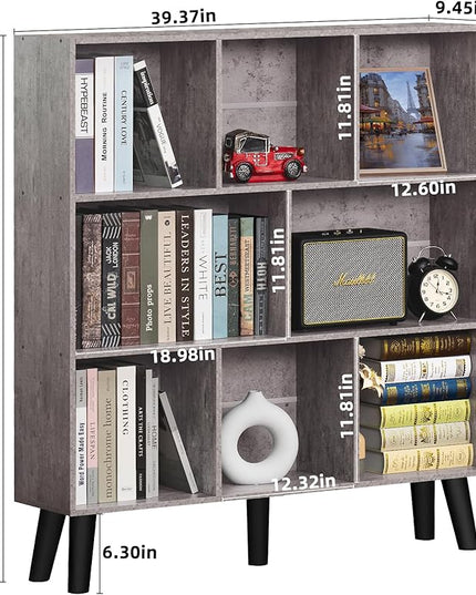 LEYAOYAO 8 Cube Bookshelf,Farmhouse Bookcase with Legs,Modern Dirty Grey Mid-Century Bookshelves,Large 3 Tier Open Storage Organizer Shelf, Retro Wood Display Book Case - LeafyLoom
