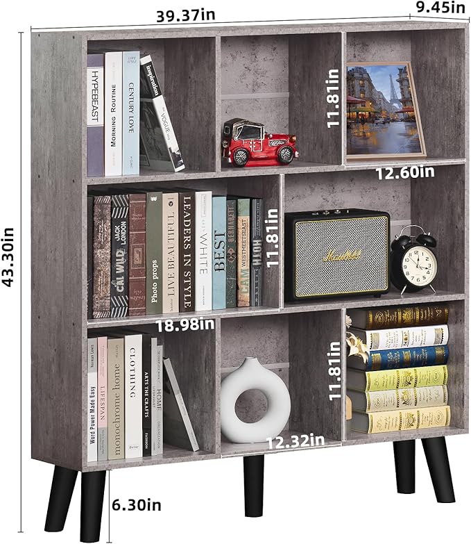 LEYAOYAO 8 Cube Bookshelf,Farmhouse Bookcase with Legs,Modern Dirty Grey Mid-Century Bookshelves,Large 3 Tier Open Storage Organizer Shelf, Retro Wood Display Book Case - LeafyLoom