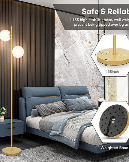 Mid Century Modern 2 Frosted Glass Globe Floor Lamp for Living Room,Contemporary LED Standing Light, Gold Corner Pole Office Bedroom, Study Room, Hotel, Antique Brass Lighting - LeafyLoom