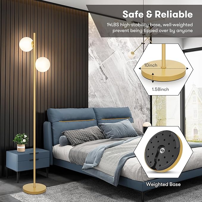 Mid Century Modern 2 Frosted Glass Globe Floor Lamp for Living Room,Contemporary LED Standing Light, Gold Corner Pole Office Bedroom, Study Room, Hotel, Antique Brass Lighting - LeafyLoom