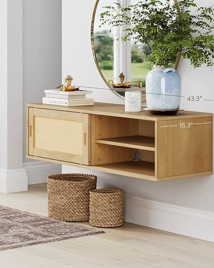Nathan James Keanu Mid-Century Modern Bohemian Floating Wall Mounted Media Entertainment TV Console Cabinet with Sliding Cane Door, 1, Natural Brown/Rattan - LeafyLoom
