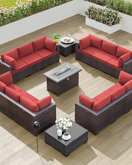 Kullavik 15PCS Outdoor Patio Furniture Set with 43" 55000BTU Gas Propane Fire Pit Table PE Wicker Rattan Sectional Sofa Patio Conversation Sets w/8 Coner Sofas,Red - LeafyLoom