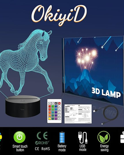 Horse Gifts for Girl, 3D Illusion Lamp, 3D Horse Night Light with 16 Colors, Remote and Touch Control, Horses Decor for Kids Room, Girls Birthday Gifts - LeafyLoom