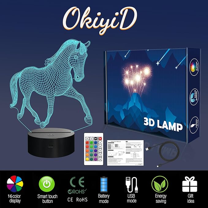 Horse Gifts for Girl, 3D Illusion Lamp, 3D Horse Night Light with 16 Colors, Remote and Touch Control, Horses Decor for Kids Room, Girls Birthday Gifts - LeafyLoom