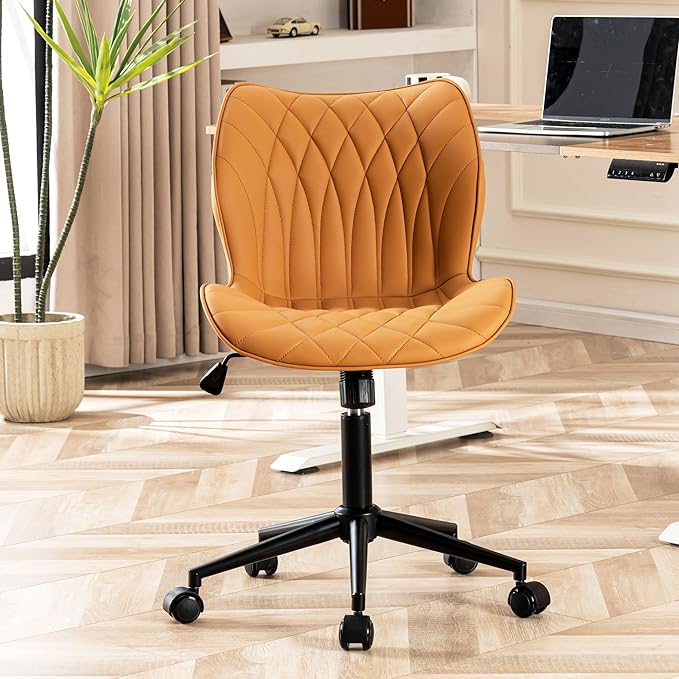 YOUNUOKE Office Desk Chair, Comfy Home Office Chairs, Small Comfortable Desk Chairs with Wheels, Armless PU Leather Chairs for Computer Conference, Camel - LeafyLoom