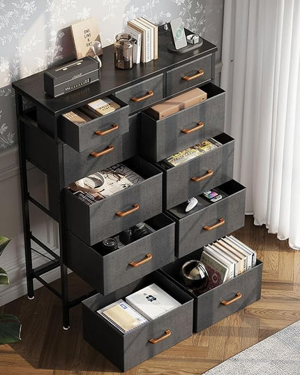AODK Dresser with Charging Station, 52 Inches Tall Dresser for Bedroom with 11 Storage Drawers, Large Fabric Dressers for Living Room, Hallway, Dark Grey - LeafyLoom