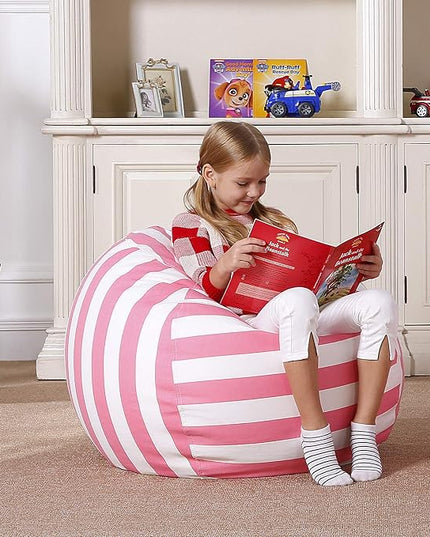 Aubliss Stuffed Animal Bean Bag Storage Chair, Beanbag Covers Only for Organizing Plush Toys, Turns into Bean Bag Seat for Kids When Filled, Large 38"-Canvas Stripes Pink/White - LeafyLoom