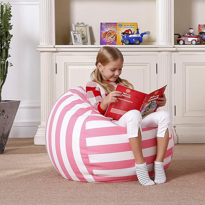 Aubliss Stuffed Animal Bean Bag Storage Chair, Beanbag Covers Only for Organizing Plush Toys, Turns into Bean Bag Seat for Kids When Filled, Large 38"-Canvas Stripes Pink/White - LeafyLoom
