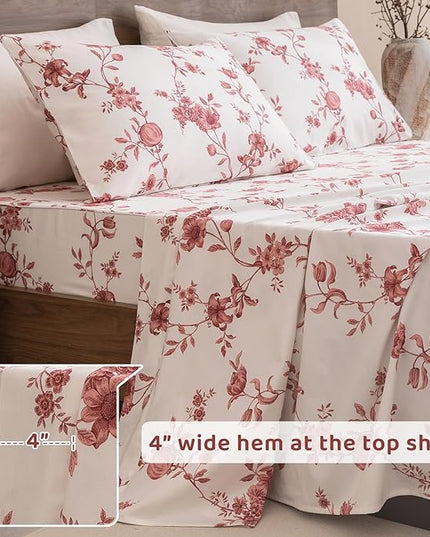 QSH Floral Queen Size Sheet Sets - 100% Egyptian Cotton Sheets Elegant Red Roses Flower Pattern Printed Bedding Sheets Queen Size Bed Extra Soft and Breathable 4pcs Deep Pockets Bed Sheets - LeafyLoom