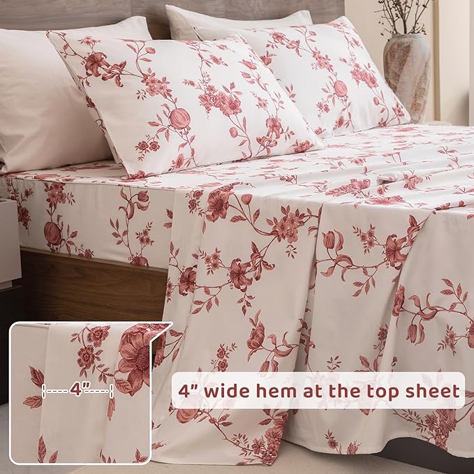 QSH Floral Queen Size Sheet Sets - 100% Egyptian Cotton Sheets Elegant Red Roses Flower Pattern Printed Bedding Sheets Queen Size Bed Extra Soft and Breathable 4pcs Deep Pockets Bed Sheets - LeafyLoom