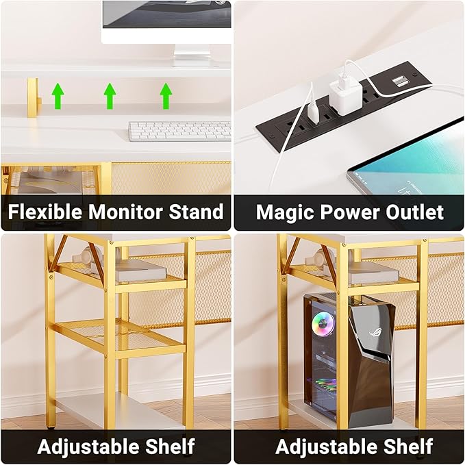 L Shaped Desk, 55 Inch Reversible Computer Desk with Power Outlet and RGB LED Light, Sturdy Corner Office Gaming Desk with Ergonomic Monitor Stand, Attractive Grid Design, White and Gold - LeafyLoom
